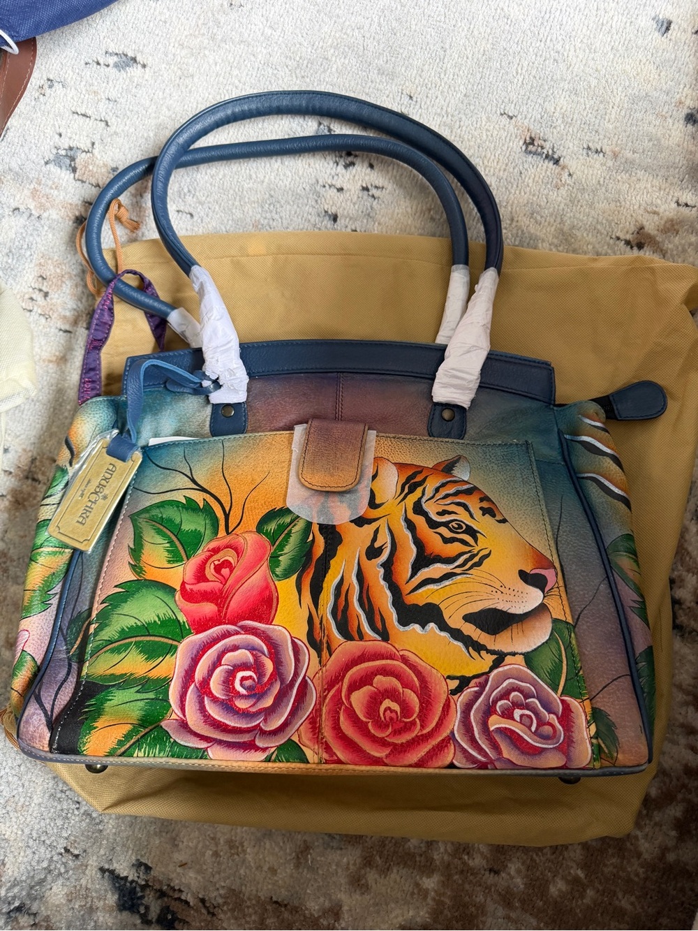Anuschka Hand-Painted Tiger & Rose Satchel - Blue, Yellow, Pink, Green